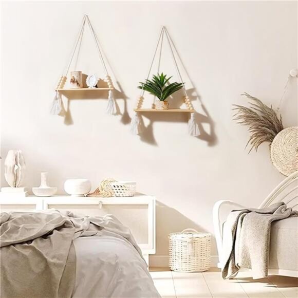 2 Pack Wooden Wall Hanging Shelves - Macrame Hanging Plant Shelf with Tassel - Picture 6 of 7